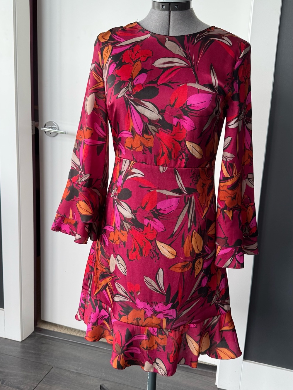Gaudi' Floral Ruffle-Hem Long Sleeve Dress - Magenta, Pink, Orange